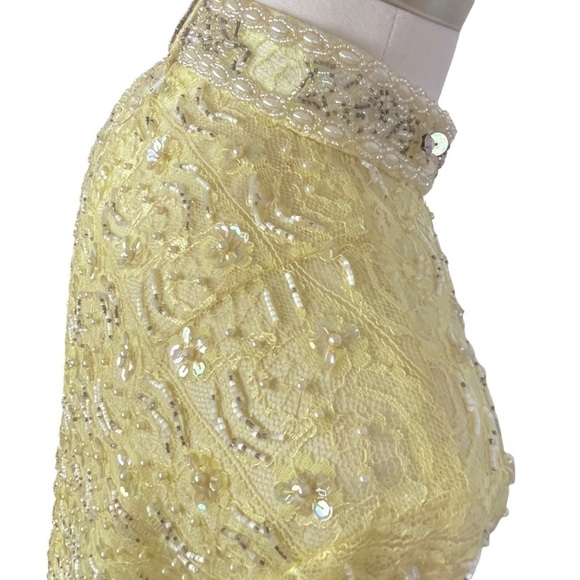Vintage 50’s Yellow Beaded Lace Mock Neck Long Sleeve Shift Dress Size M/L - Picture 9 of 13